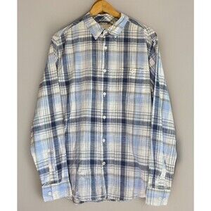 Weatherproof Vintage Weather Wash Cotton Button Plaid Ice Blue White Shirt Sz M